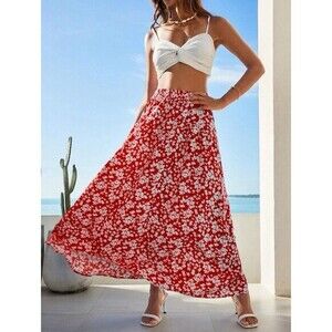 Kathie Lee Button Front Maxi Skirt 6 Red Floral Print Summer Comfy Boho‎ Coastal